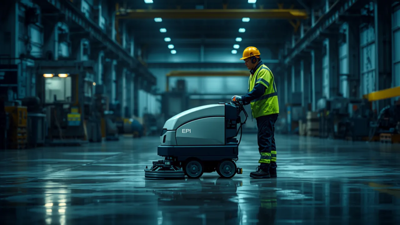 Operador com EPI completo higienizando piso de galpão industrial com lavadora profissional — limpeza industrial em Belo Horizonte e Minas Gerais