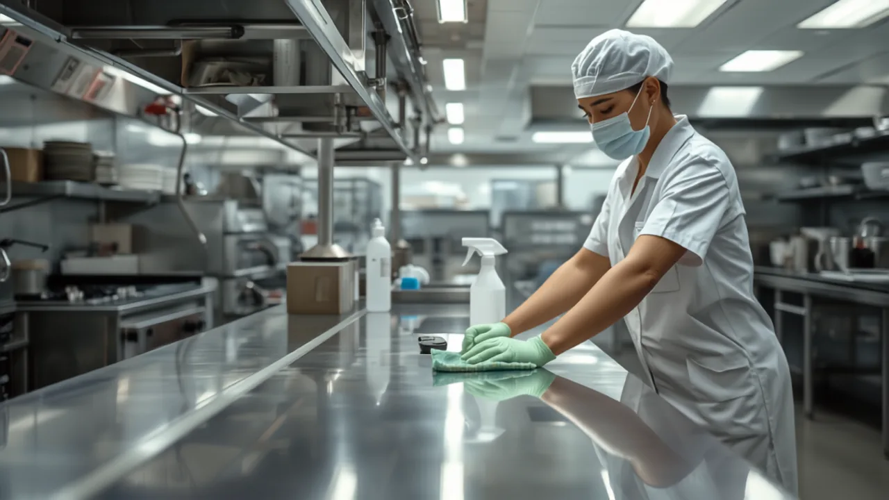 Profissional com touca e máscara higienizando bancada de aço inox em cozinha industrial — sanitização food service conforme RDC 216/2004 em Minas Gerais