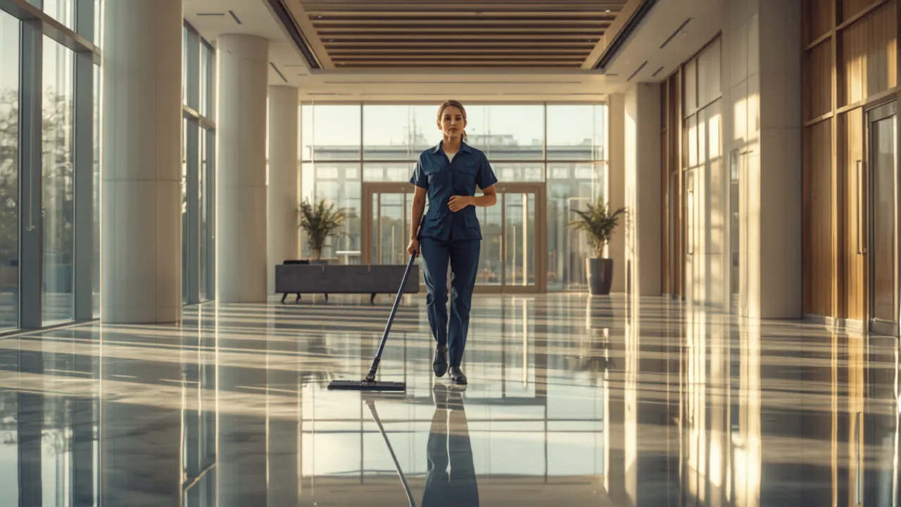 Profissional de limpeza higienizando piso de lobby corporativo moderno — terceirização de limpeza para facilities em Belo Horizonte e Minas Gerais